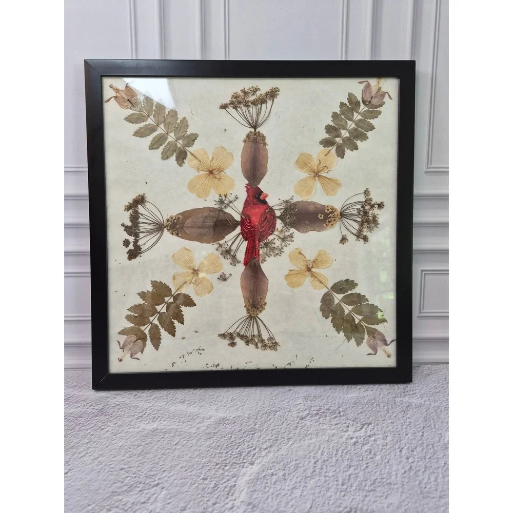 Pressed Flower Botanical Art Framed Red Cardinal Bird Wall Decor 12.5x12.5